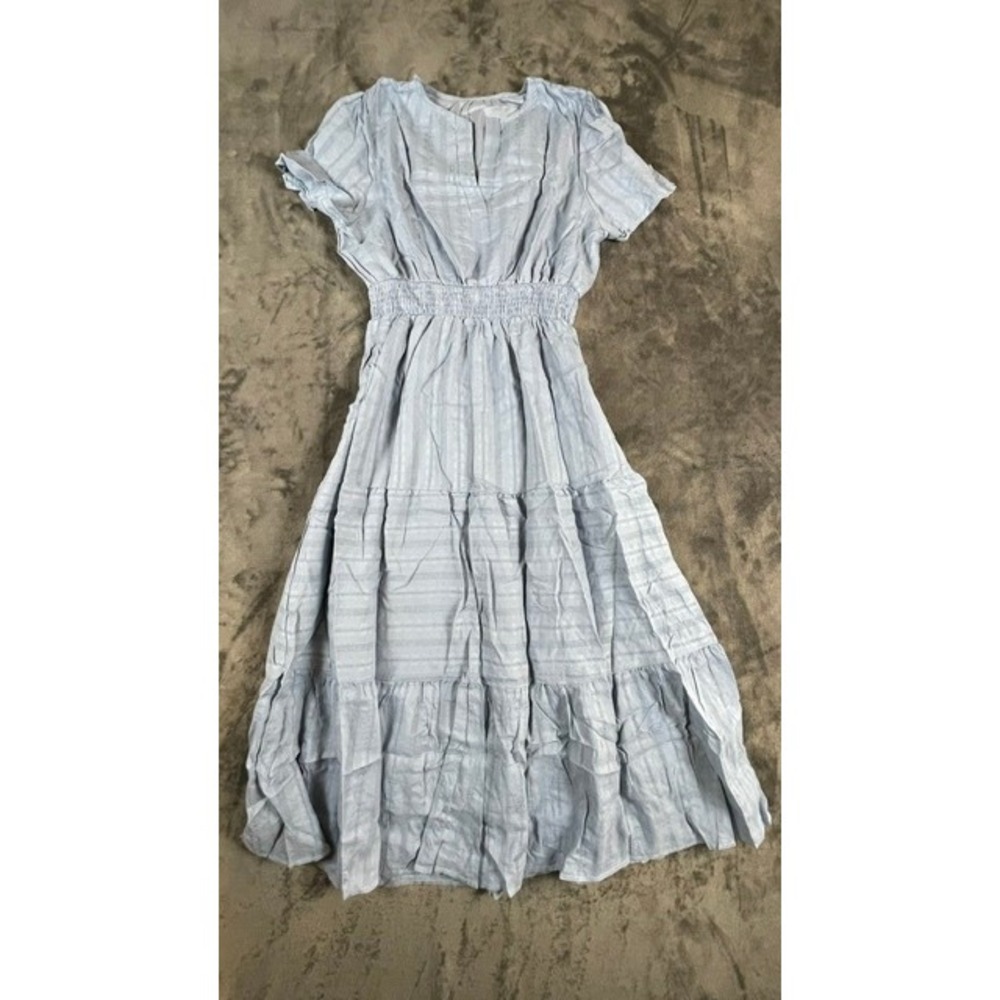 Light Blue Smocked Tiered Maxi Dress Short Sleeve V-Neck XL Floral Textured